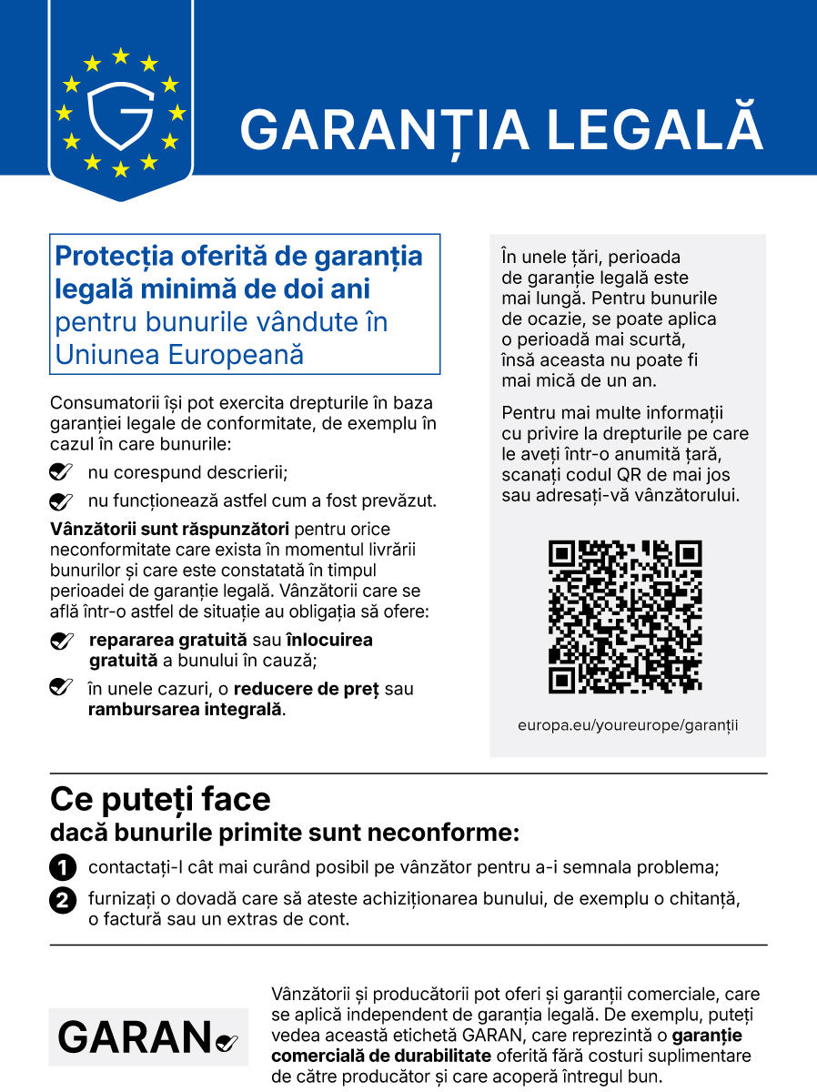 Notificare privind garanția legală de conformitate — cel puțin 2 ani
